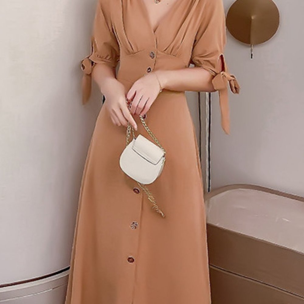 C050 Women Sexy Deep V neck Cotton Maxi Dress Short Sleeves Button Up Clothing - Picture 3 of 7